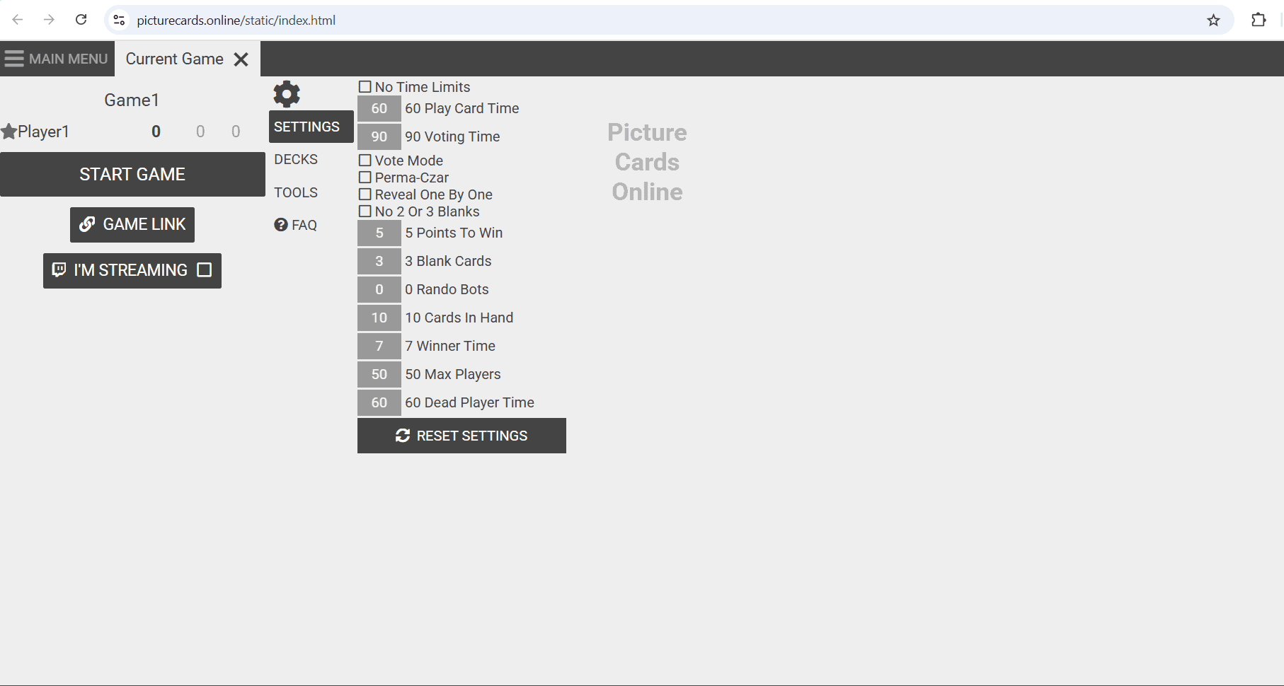 Playing CAH Online - Customize Settings