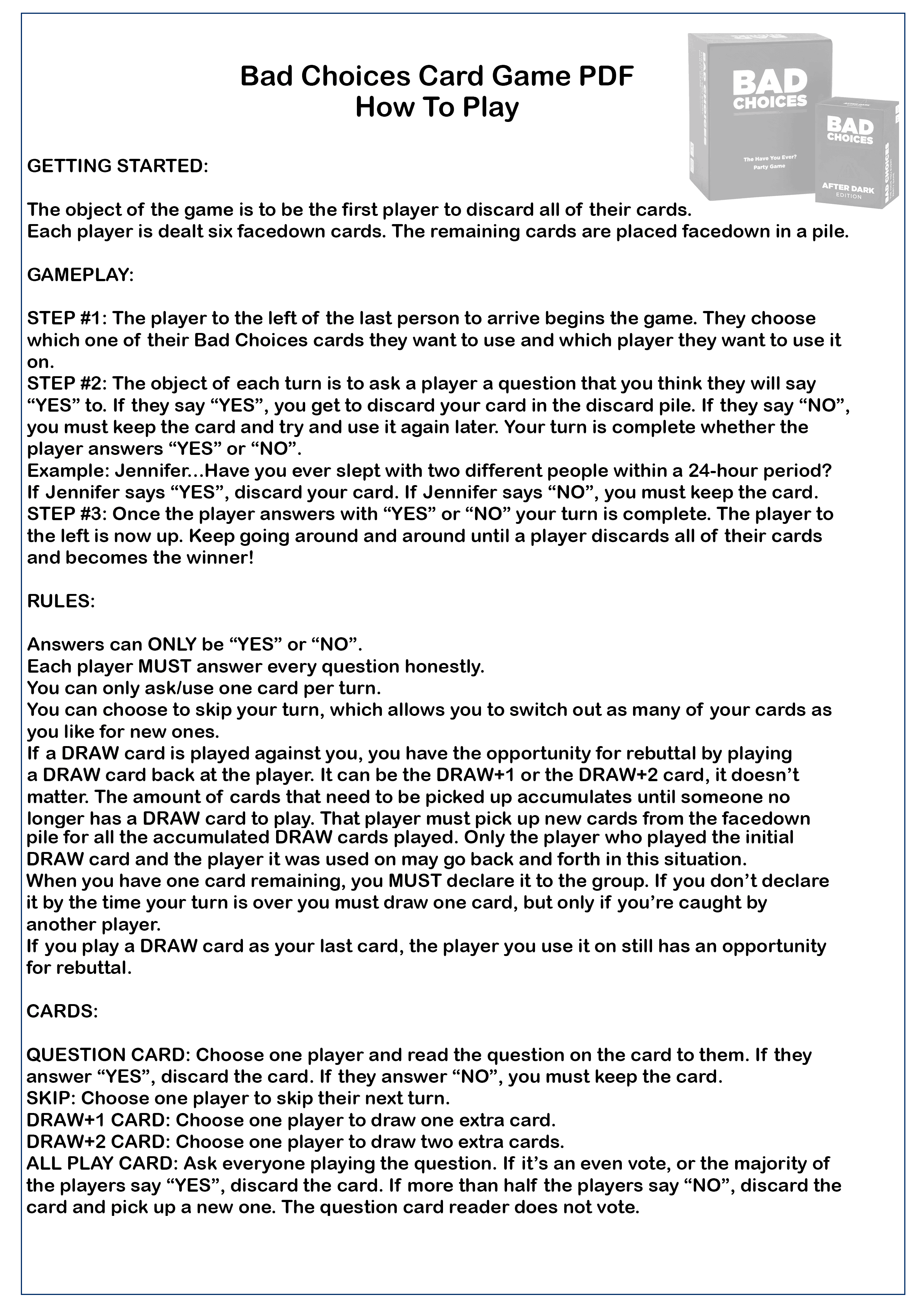 Bad Choices Card Game PDF - Rules